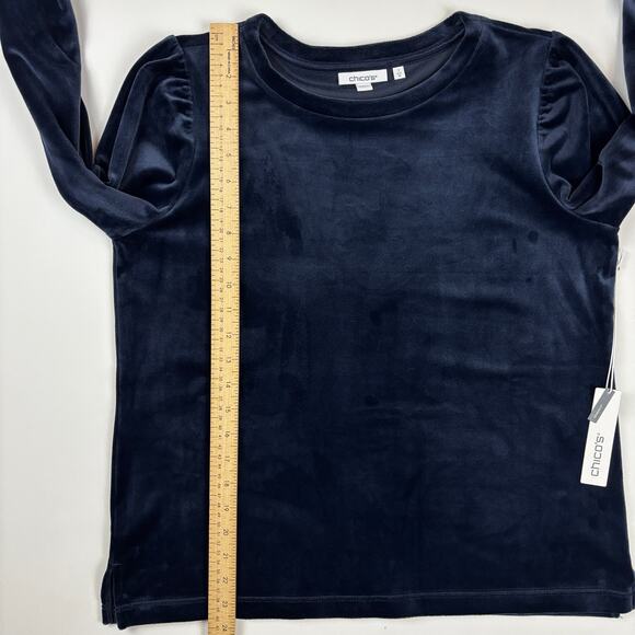 Chico's Zenergy Navy Velour Puffed Shoulder Long Sleeve Top NWT Size 1 Med - Picture 10 of 12